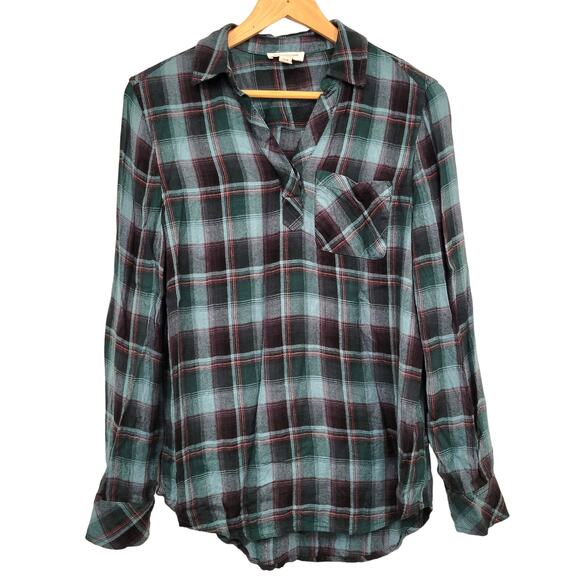 beachlunchlounge Tops - beachlunchlounge Top Women's Small Plaid Popover Long Sleeve Split Neck Collar